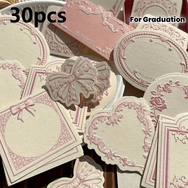 30pcs Exquisite Pink Lace Edge Memo Cards, Multiple Shaped Frames, Bow, Heart, Rose Carved Design, Synthetic Paper Handwritten Diary Supplies, Suitable For Planner DIY, Gift Decoration, Greeting Cards, Message Cards, Graduation Wishes, Back To School Season