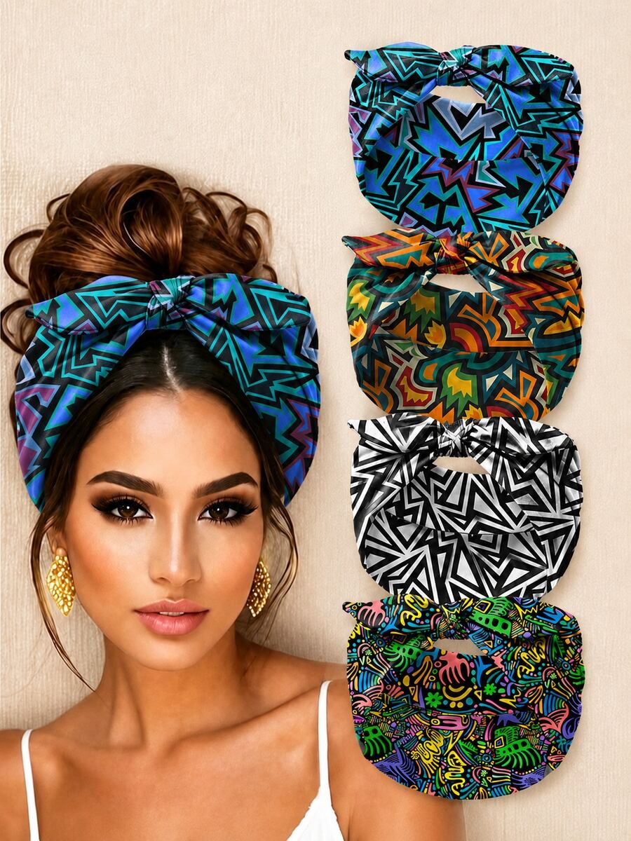 1/4pcs Bohemian Print Plaid Headband With Bow Knot Rabbit Ears For Sports Yoga - Multicolor - View 1