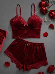 Élanzette 2pcs Women V-Neck Solid Color Pajama Set, Including Lace Trim V-Neck Camisole Top And Bow Decor Shorts - Burgundy - View 2