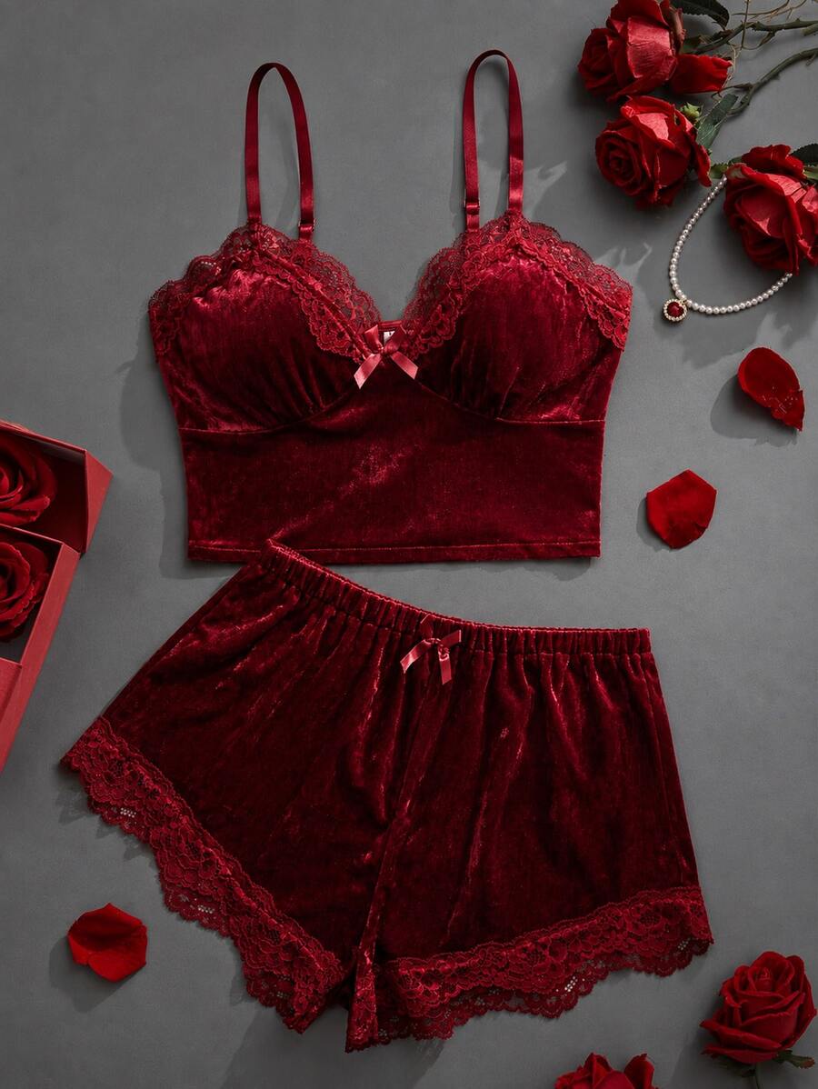 Élanzette 2pcs Women V-Neck Solid Color Pajama Set, Including Lace Trim V-Neck Camisole Top And Bow Decor Shorts