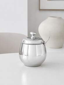 1pc Stainless Steel Seasoning Jar With Spoon And Lid, Stainless Steel Sugar Canister With Spoon, Seasoning Bowl With Spoon And Tray, Elegant Tabletop Storage Container, Suitable For Kitchen And Dining Room Seasoning Storage, Gift, Halloween Party, Christmas Gathering - Silver - View 9