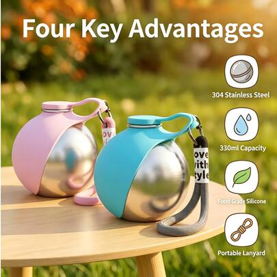 Portable Pet Water Bottle, Silicone + Stainless Steel Leak-Proof Dog Travel Water Bottle With Woven Carrying Strap, Handheld Hanging Clip Pet Water Dispenser, Suitable For Dog Walking, Hiking, Outdoor Short Trips, Universal For Small Dogs And Cats, Perfect For Outdoor Activities With Pets, Birthday Gift For Dogs