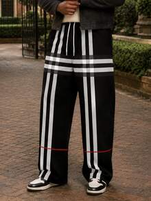 Men's Plus Size Wide Leg Pants, Minimalist Black & White Line Patchwork Print, Extra Large & Plus Size Tall Fit, Suitable For Daily Commute, All Season Wear - Black and White - View 3