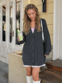 Women's Autumn/Winter Casual Minimalist Loose V-Neck Cardigan Jacket Fall - Grey - View 4