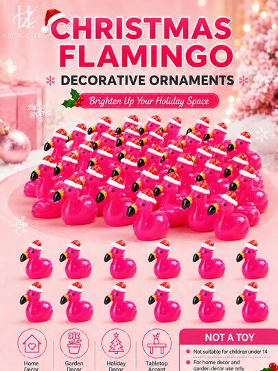 50 peças de enfeites de Natal de flamingo, decoração de Natal de flamingo rosa com chapéu de Pai Natal, decoração de mesa para casa, decoração de exterior para jardim e quintal, artigos de decoração para ambiente de festa, adequados para decoração de quarto, decoração de casa, decoração de festa, decoração de micro paisagem de jardim