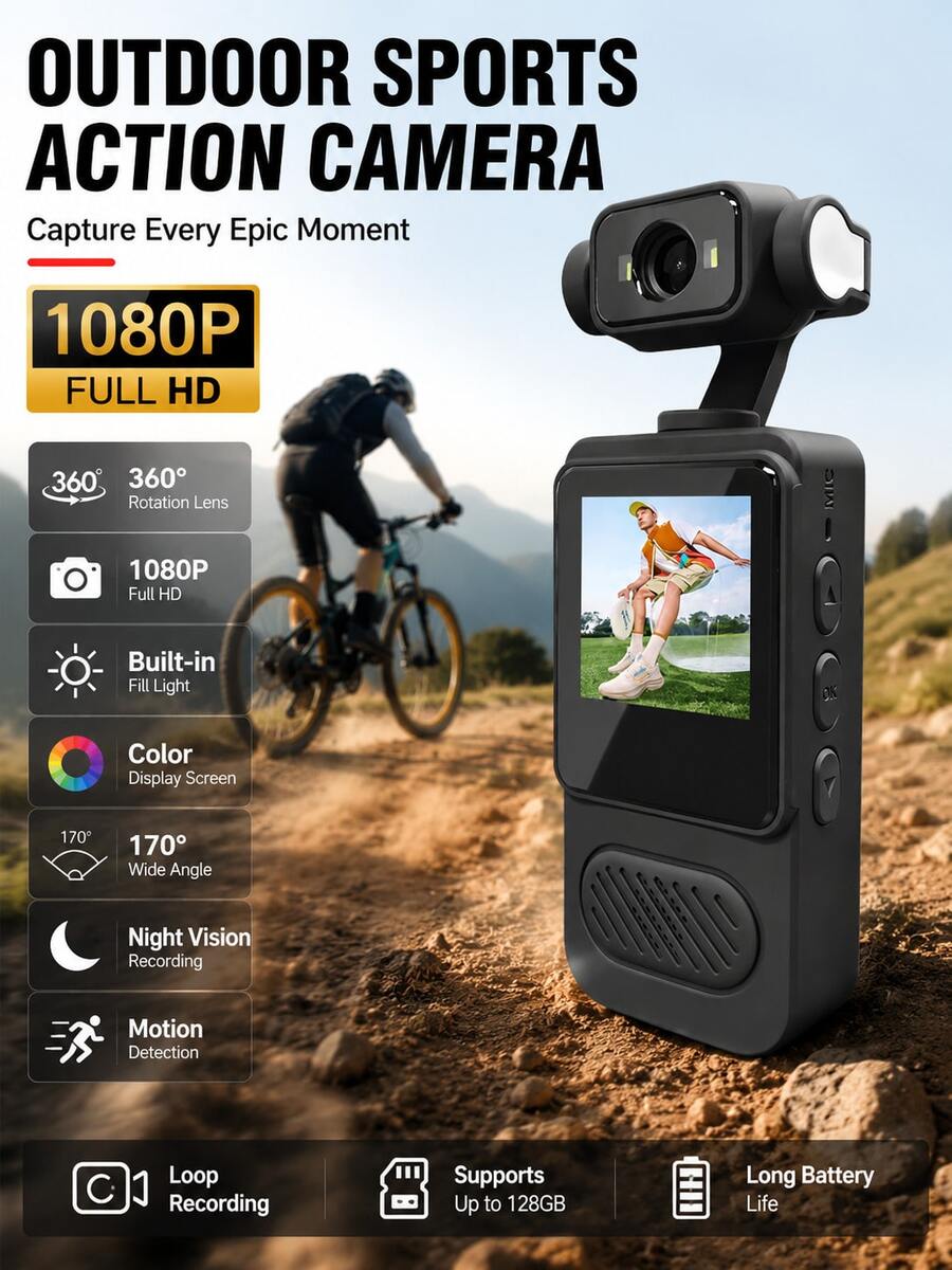 YAIUZGOO Kamera Olahraga Outdoor 1080P Full HD, Kamera Aksi Sudut Lebar 170° dengan Lensa Berputar 360°, Deteksi Gerak PIR, Penglihatan Malam, Lampu Isi Terintegrasi, Layar Warna, Kamera Video Portabel untuk Bersepeda, Mendaki, Perjalanan & Rekaman Vlog 1000mAh - View 1
