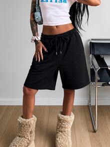 Women's Bermuda Sweat Shorts, Drawstring High Waist Loose Fit Knee Length Shorts, Casual Fall Style, Fall Clothes For Women - Black - View 1
