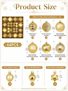 44pcs Gold Christmas Ball Ornaments, 3cm And 6cm Mixed Sizes, Including Matte, Mirror, Striped, Woven, Embossed And Star Patterns, Elegant Hanging Decorations For Christmas Tree, Suitable For Christmas Party, Wedding, Holiday Home, Fireplace And Wreath Decor - Gold - View 6