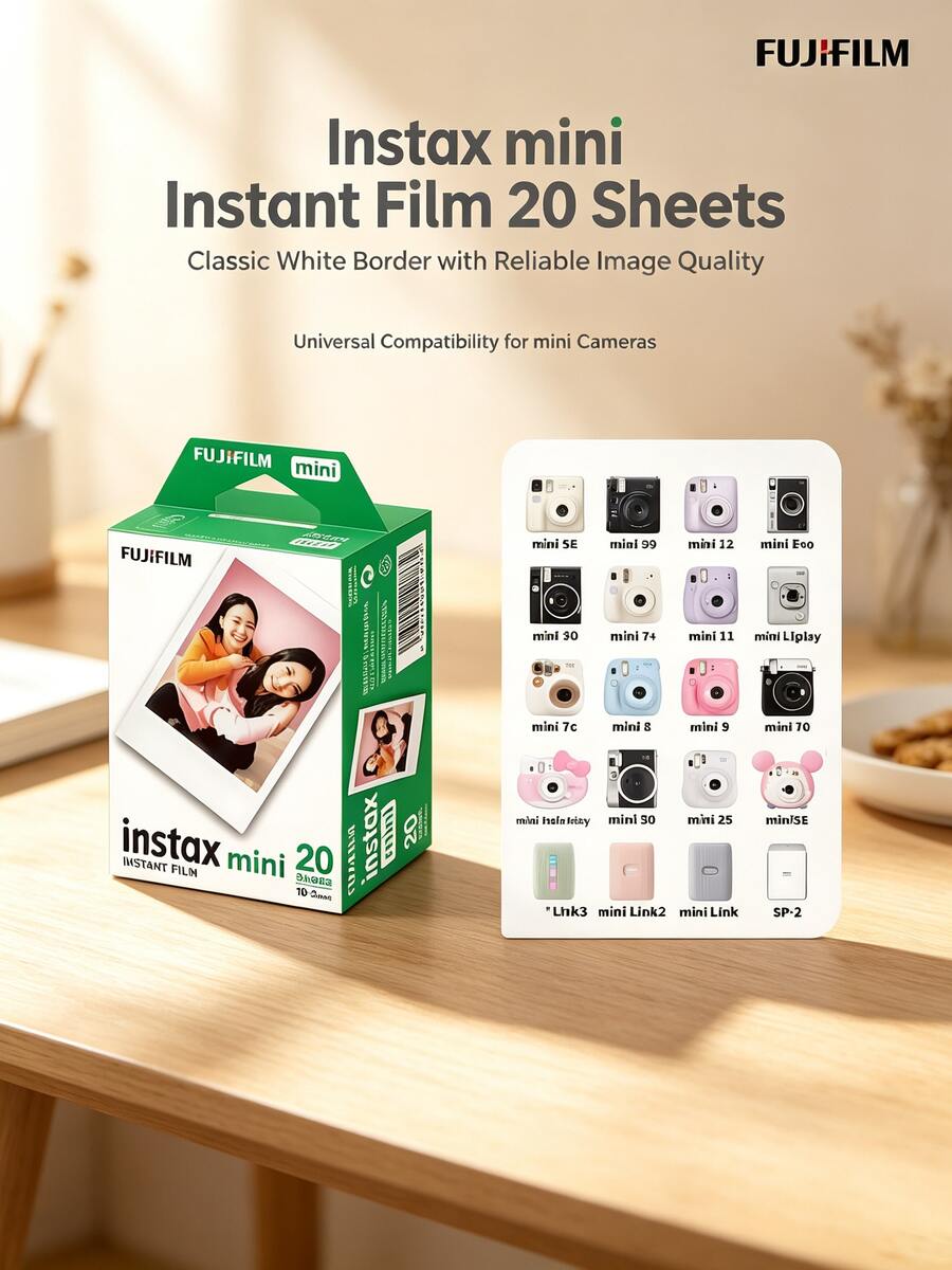FujiFilm Mini Polaroid Universal Photo Paper 20 Sheets Image Quality White Edge Classic Compatible With 7+/11/12/40/41/90/Evo All Models Anti-Halation Coating - White - View 1