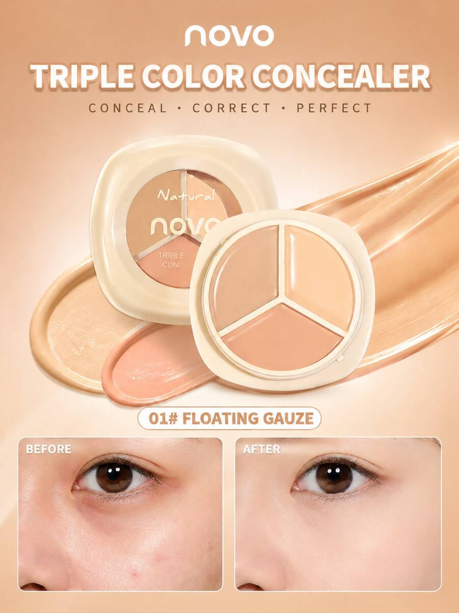 NOVO Three-Shade Colour-Correcting Concealer Palette: Sweat- And Oil-Resistant, Smudge-Proof And Long-Lasting. Conceals Under-Eye Hollows, Acne Marks And Redness. A Beginner-Friendly Concealer Palette For Everyday Use And Commuting.