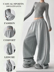 Women's New Spring Autumn Winter Fashion Colorblock Side Stripe Loose Drawstring Straight Leg Wide Leg Casual Jogging Pants For Daily Wear, Dancing, Running - Light Grey - View 6