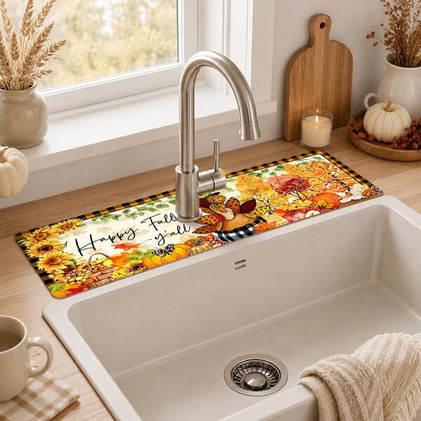 1pc Thanksgiving Sink Faucet Absorbent Mat, Floral Turkey Pattern Drainage Pad, Suitable For Kitchen, Bathroom Sink, Countertop, Drainage Mat, Diatomaceous Earth Material, Trimmable, Quick-Drying Mat