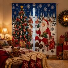 2 Pieces Of Snowscape Village Christmas Printed Semi-Transparent Curtains, Featuring A Magnificent Christmas Tree And A Seated Santa Claus Pattern. Suitable For Christmas Decorations In Living Rooms, Bedrooms And Home Interiors. - Multicolor - View 10