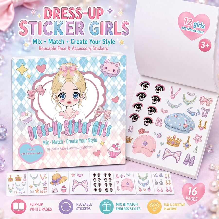 12 Styles Girls Dress-Up Stickers, Cartoon Creative Outfit Stickers, Beautiful Cute Cartoon Scene Decoration Dress-Up Show Educational Toy For Girls - Mixed - View 1