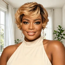 Full Machine Made Human Hair Wig, Short Pixie Cut Wig, Ombre Honey Blonde With Dark Roots, Soft Natural Short Hair Wig For Women - S1/30 - View 3