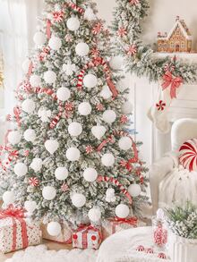 32pcs White Flocked Christmas Ball Ornaments Set, Mixed Flocked Balls Including Round, Striped, Textured, Heart And Bow Designs, Elegant Shatterproof Christmas Tree Hanging Decorations, Suitable For Holiday Parties, Weddings, Winter Home Decor - White - View 3