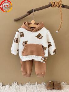2Pcs/Set Toddler Baby Boy Clothes Bear Print Fleece Long Sleeve Hooded Sweatshirt & Long Pants Thickened Autumn/Winter - Brown - View 15