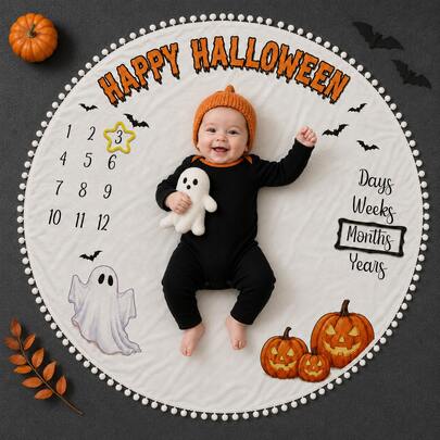 Newborn Photography Props, Halloween Baby Milestone Monthly Record Blanket, 1-12 Months Growth Record Background Cloth For Boys And Girls, Scary Ghost Pumpkin Pattern, Party Gift, Home Photography Accessories