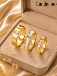 3 buah/Set Cincin Mewah Stainless Steel 304 Anti Pudar - Emas - View 1