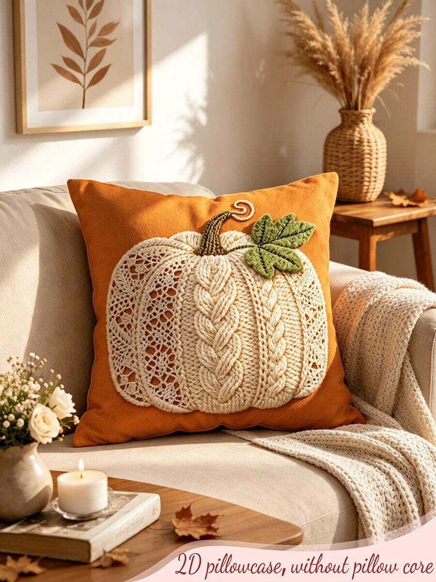 1PC 2D Print Pillow Cover Knitted Pumpkin Pattern Orange Boho Farmhouse Autumn Decorative Throw Pillow Sofa Couch Home Decor - Multicolor - View 1