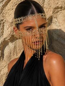 1pc Exotic Gold Rhinestone Tassel Face Chain, Hollow Mesh Chain Face Mask Headpiece, Ball Party Photography Atmosphere Headwear, Vintage Glamorous Heavy Rhinestone Head Chain, Stage Photo-Worthy Styling Accessory - Gold - View 2