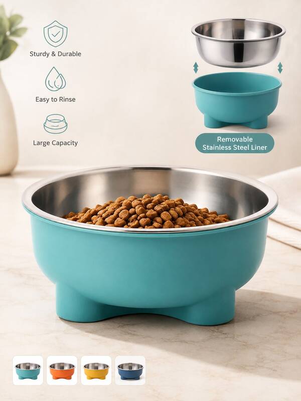 1pc PP Base Stainless Steel Inner Liner Pet Bowl, Detachable Elevated Cat & Dog Food Bowl, Anti-Tip Large Capacity Indoor Home Feeding Bowl, Cat & Dog Water Bowl Food Dish Pet Supplies
