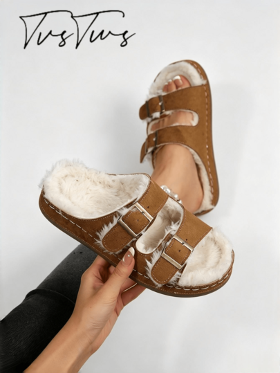 Women's New Winter Boken Ultra-Light Fleece Lined Half-Slip Thick Sole Loafers Casual Retro Forest Punk Style Date Vacation Essential