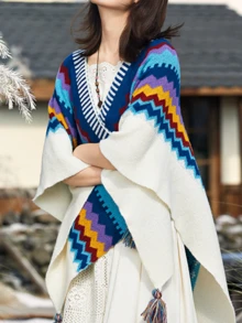 CAMEL CROWN Women's Boho Knit Poncho Shawl Wrap Tassel Cardigan Open Front Geometric Pattern Cape Sweater V Neck Cozy Oversized Ruana For Fall Winter - Fluffy Blue - View 2