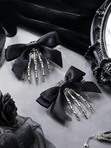 2pcs Gothic Skeleton Hand Hair Clips, Black Satin Bow Skeleton Hand Hair Clips, Halloween Punk Cosplay Women Girls Hair Accessories - Multicolor - View 7