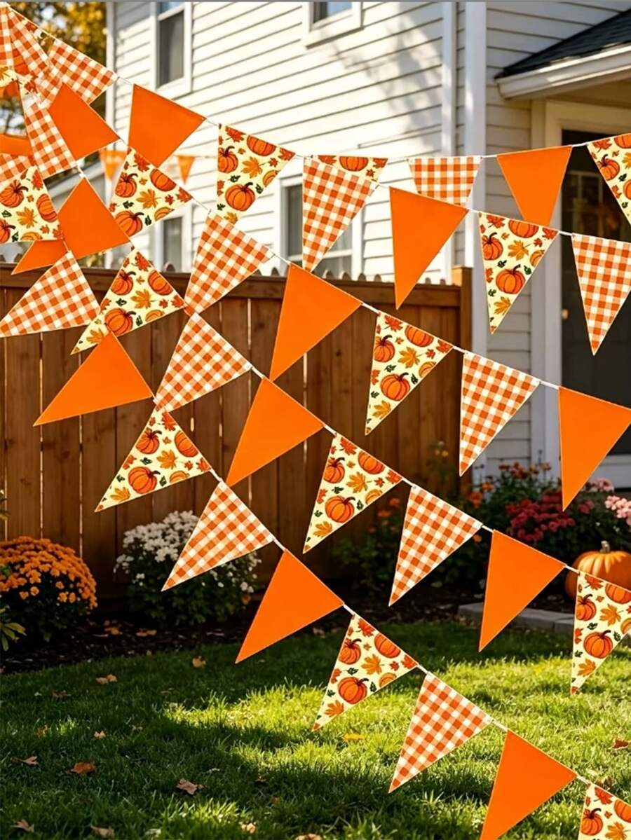 36pcs Autumn Pumpkin Maple Leaf Triangle Bunting Banner, Easy To Assemble, Perfect For Autumn Wedding, Birthday, Yard Decoration, Thanksgiving Party Decoration Banner, Create Autumn Atmosphere, Single-Sided Print - A - View 1