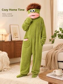 Cartoon Green Monster Adult Bathrobe, Fun 3D Plush Hooded, Soft Coral Fleece Warm Long Sleeve With Pockets, Loose Fit, Halloween Cosplay Party Costume, Multiple Sizes Available - Multicolor - View 3