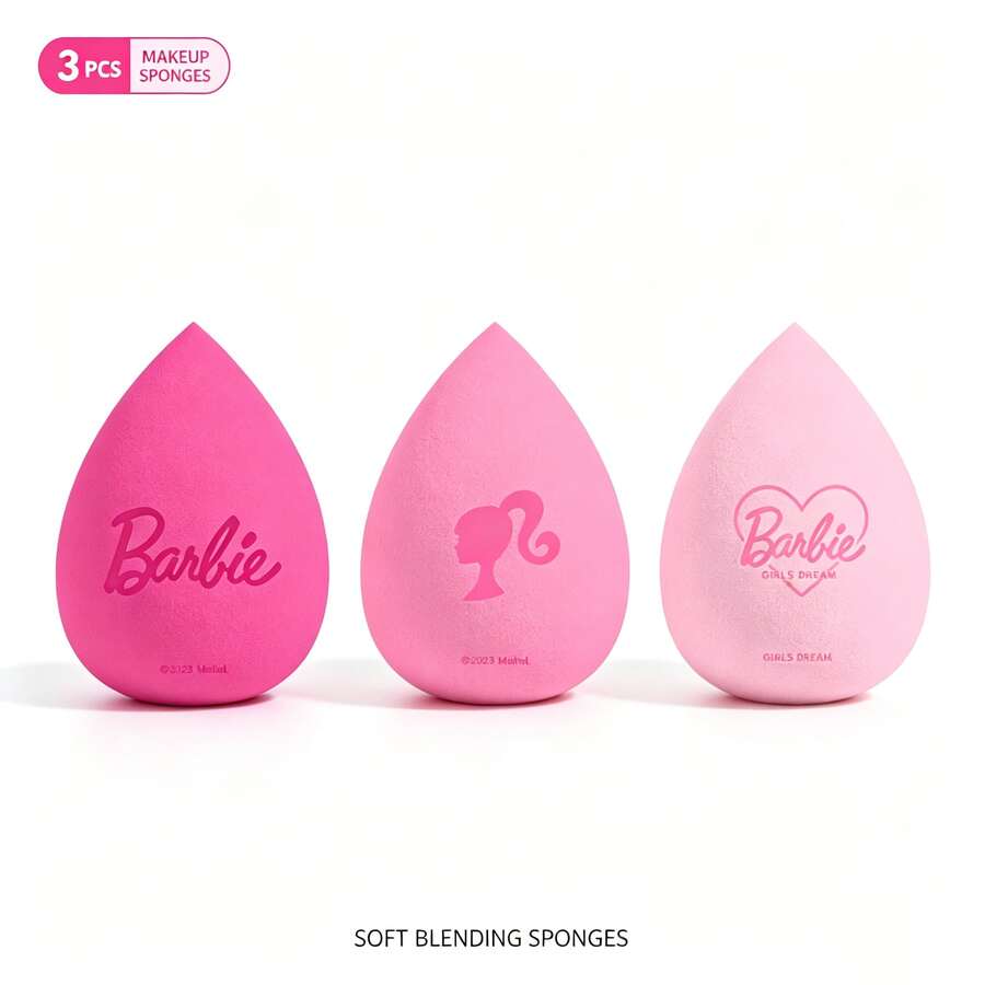Miniso Barbie 3pcs Makeup Sponge Set, Soft Makeup Sponge Suitable For Liquid Foundation And Cream, Multi-Color Water Drop Shaped Makeup Blending Sponge, Suitable For Daily Makeup - Pink - View 1
