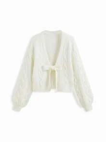 Women's Solid Color Knit Cardigan With Bow Design, Suitable For Wedding, College, Office, Autumn - Off-white - View 1