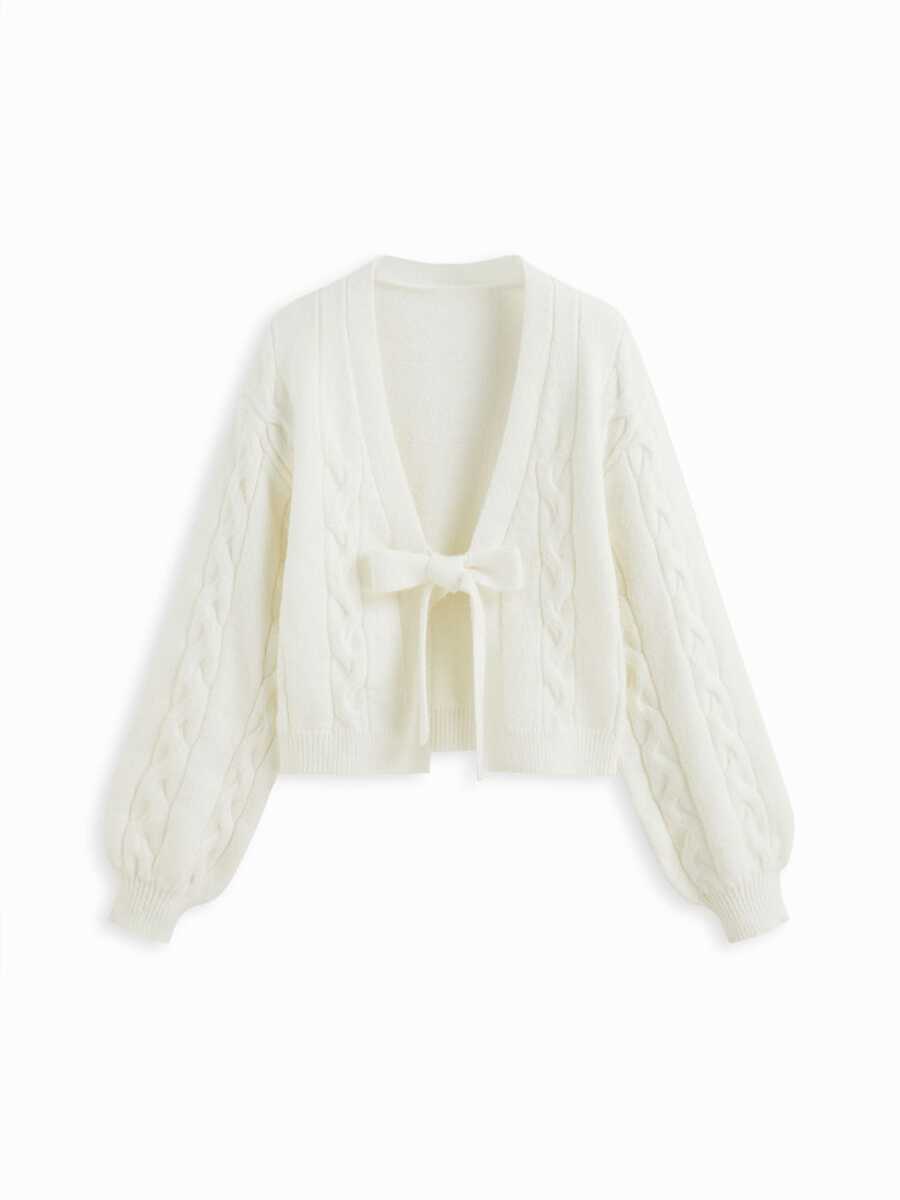 Women's Solid Color Knit Cardigan With Bow Design, Suitable For Wedding, College, Office, Autumn - Off-white - View 1