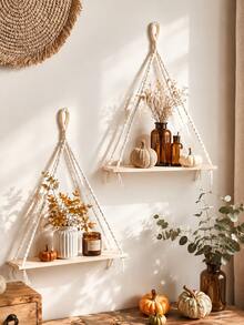 1pc/2pcs Handmade Woven Wall Hanging Shelf, Triangle Wooden Floating Storage Rack, Bohemian Style Wall-Mounted Organizer, Handmade Rope Tassel Shelf, Minimalist Home Decor, Natural Beige, Suitable For Living Room, Bedroom, Office And Entryway Decoration, Autumn Thanksgiving Halloween Christmas Party Decor - Beige - View 5