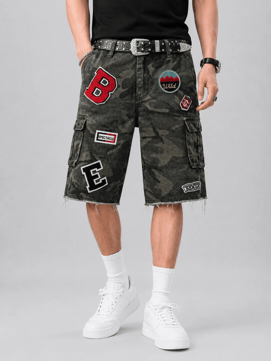 Y2K Summer Straight Leg Versatile Graphic Print Cargo Denim Shorts, Fashion Casual Streetwear Youth Sporty Preppy Style,