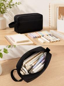 Large Capacity Zipper Pencil Case - Portable Multi-Compartment Pencil Bag - Waterproof Durable Stationery Storage - 1pc Black - View 5