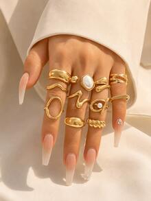 11 piezas de anillos elegantes vintage barrocos con patrón geométrico para mujer, adecuados para fiestas, uso diario, casual, viajes, vacaciones en la playa y diversas ocasiones - Estilo A-11 piezas - Ver 4