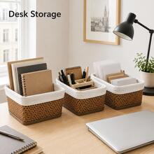 Bamboo Storage Baskets 3 Pieces Set, Rectangular Organizer Bins With Fabric Insert, Optional A Or B Style - View 5