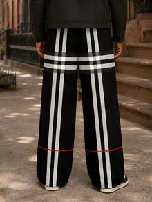 Men's Plus Size Wide Leg Pants, Minimalist Black & White Line Patchwork Print, Extra Large & Plus Size Tall Fit, Suitable For Daily Commute, All Season Wear - Black and White - View 6