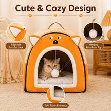 2-In-1 Foldable Pet House & Pet Bed With Removable Cushion, Comfortable Indoor Cat Bed Dog Bed With Handle And Hanging Plush Ball Toy, Suitable For Cats And Small To Medium Dogs - Multicolor - View 4