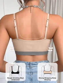 1pc Nude Contrast Color Ribbed Hem U-Neck Adjustable Spaghetti Strap Wireless Bra, Built-In Flexible Silicone Strip 3D Support, 3-Layer Skin-Friendly High Elastic Detachable Padded Cups, Soft High Elastic Vertical Ribbed Breathable Knit Fabric, Wide Back Coverage To Prevent Side Spill, Wireless All-Day Comfort Fit; Suitable For Daily Commute, Yoga, Home Sleep, Summer Layering - Apricot - View 2
