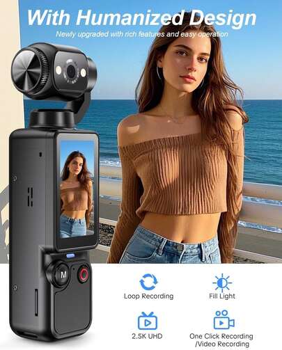 2.5K UHD Portable Handheld Action Camera, 180° Rotatable Lens Pocket Vlog Camcorder With Fill Light, 1.97 Inch LCD Screen Loop Recording Digital Camera For Travel Outdoor Sports