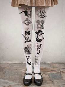 1 Pair Plus Size Cat Print High Elasticity Tights, Sexy Fashion Cute Y2K Style, Suitable For Daily Wear, Dating, Spring/Autumn Parties - Multicolor - View 10