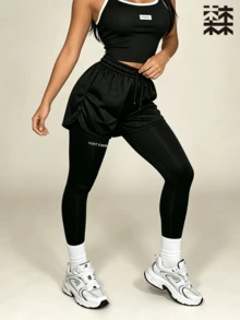 mulinsen Women's 2-In-1 Athletic Leggings, Elastic Drawstring Waist, Quick-Dry Mesh Outer Shorts, Outdoor Workout, Gym, Daily Training - Black - View 7