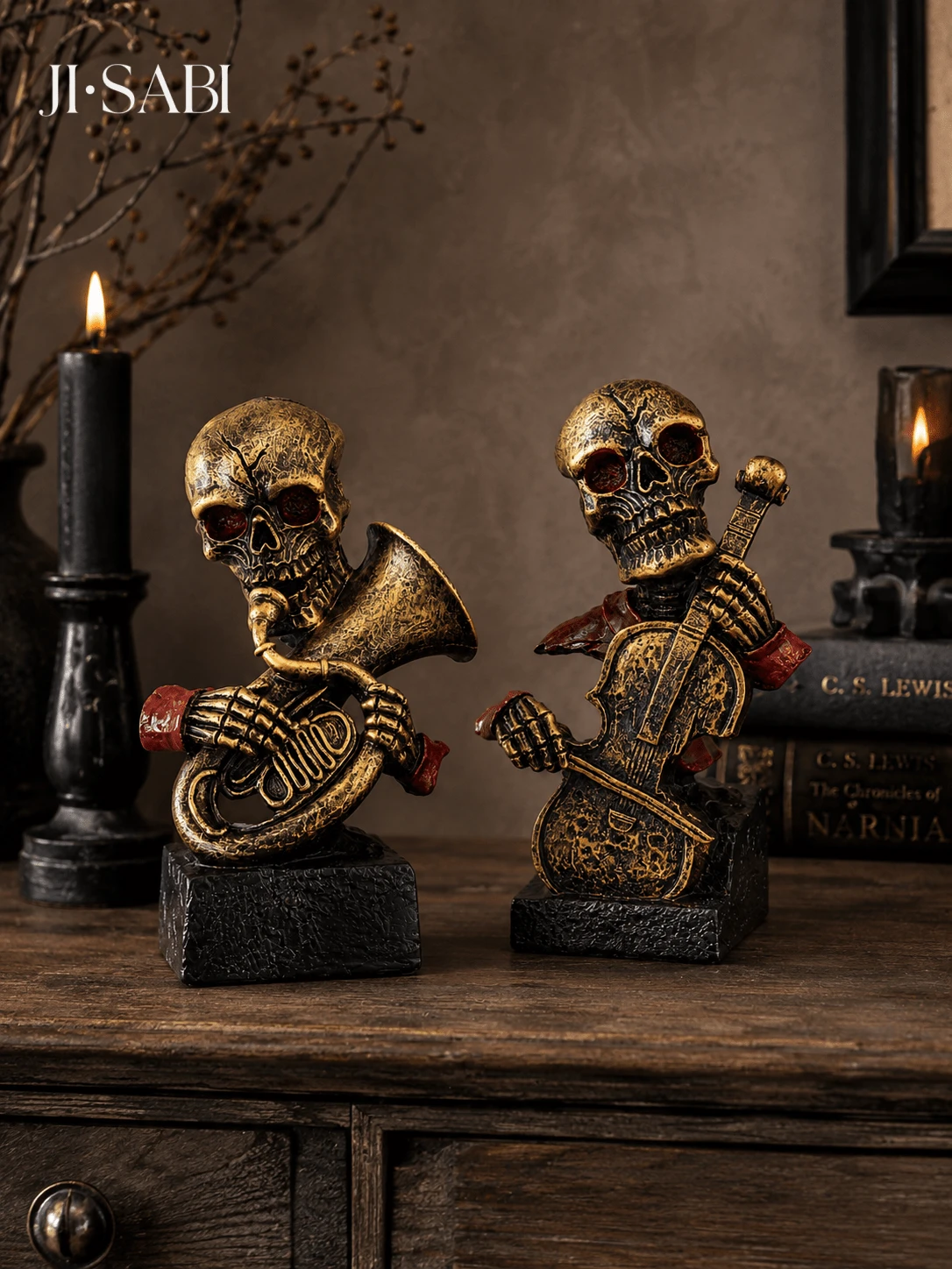 1pc Halloween Skeleton Musician Figurine, 2‑Style Skull Statue Playing French Horn & Cello, Retro Gothic Tabletop Ornament, Spooky Home Decor For Halloween Party Shelf Decoration - Halloween Skull Decor - View 1