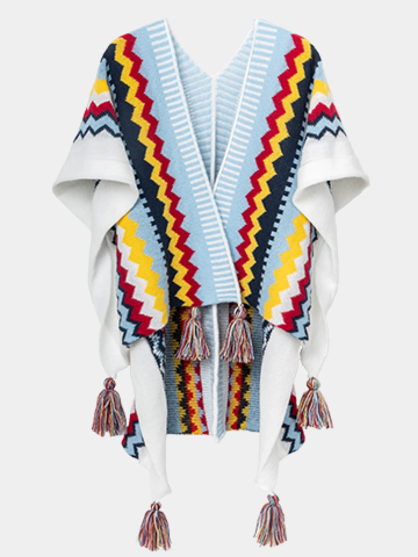 CAMEL CROWN Poncho Rajut Boho Wanita, Selendang, Cardigan Berumbai, Model Terbuka Depan dengan Pola Geometris, Sweater Cape, Leher V, Ruana Nyaman Ukuran Besar untuk Musim Gugur dan Musim Dingin - Memantulkan Warna Biru Bulan - View 1