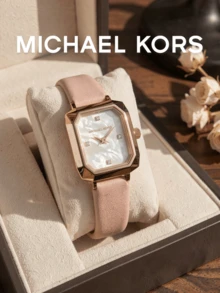 Michael Kors Jam Tangan Quartz Persegi Panjang Wanita, Casing Rose Gold Berfaset, Dial Mutiara, Tali Kulit Merah Muda, Hadiah Romantis dan Aksesori Harian yang Elegan - Satu-Ukuran - View 4