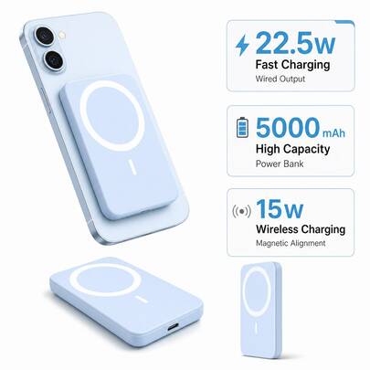 5000mAh Slim Magnetic Wireless Portable Charger – 20W High-Speed Fast Charging, USB‑C Bidirectional I/O Design, Lightweight And Easy To Carry, Ideal For Daily Commute, Travel, Outdoor Activities And Emergency Power Supply, Compatible With All Mobile Phones