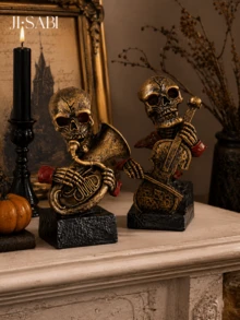 1pc Halloween Skeleton Musician Figurine, 2‑Style Skull Statue Playing French Horn & Cello, Retro Gothic Tabletop Ornament, Spooky Home Decor For Halloween Party Shelf Decoration - Halloween Skull Decor - View 3